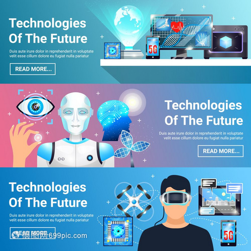 未来技术横幅套未来技术的水平横幅,包括虚拟现实耳机机器人数字医学孤立矢量插图
